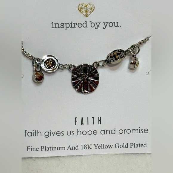 New Platinum and Yellow Gold Plated 18k FAITH Bolo Charm Slide Bracelet - Picture 2 of 4